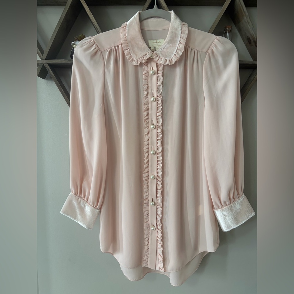 Kate Spade Velvet Trim Pearl Button Blouse in Rosedew NWT Women’s size XS. - Picture 4 of 9